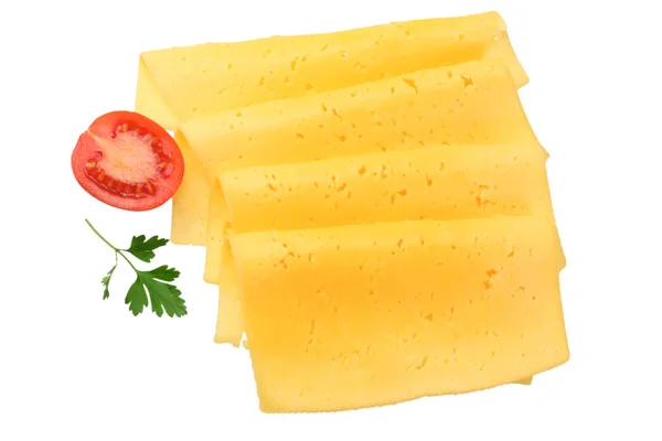 Käsescheiben Mit Tomate Und Petersilie Isoliert Auf Weißem Hintergrund Ansicht — Stockfoto
