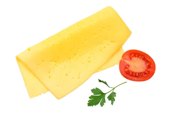 Käsescheiben Mit Tomate Und Petersilie Isoliert Auf Weißem Hintergrund Ansicht — Stockfoto