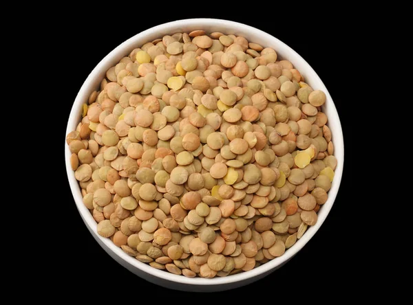 Lentils White Plate Isolated Black Background Top View — Stock Photo, Image