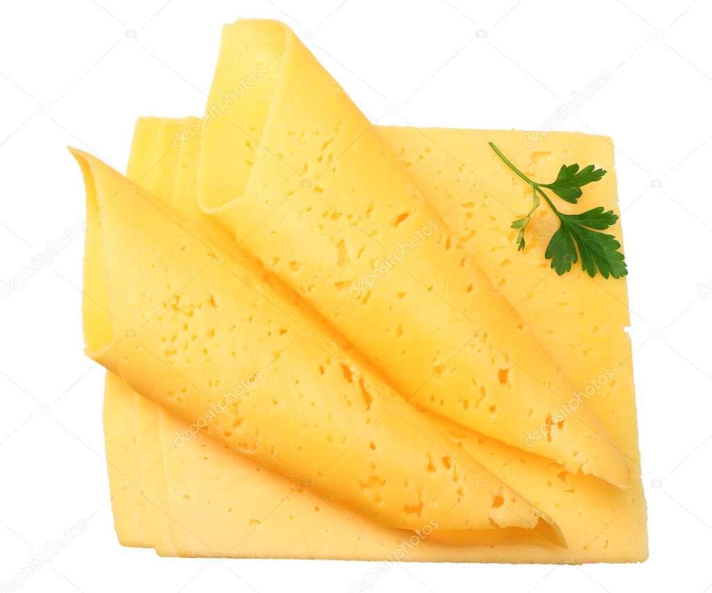 cheese slices with parsley isolated on white background. top view