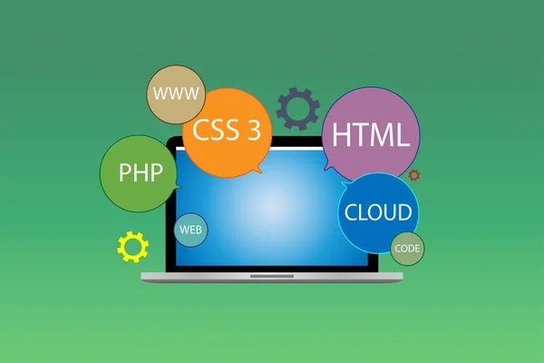 パソコン、web 単語歯車とコーディングの概念 — ストックベクタ