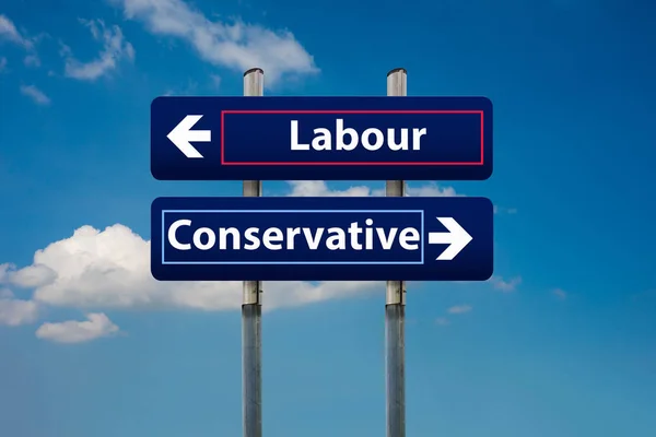 Two road signs representing labour and conservative parties in u — Stock Photo, Image