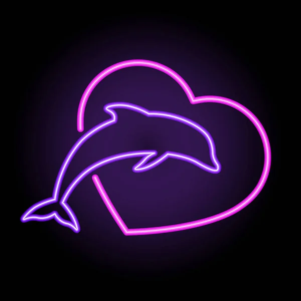 Delfino al neon luminoso e cuore — Vettoriale Stock