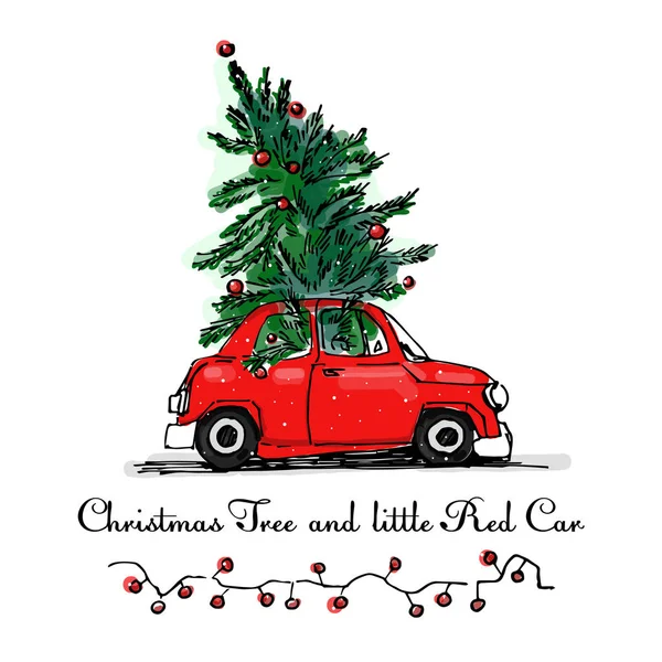 Voiture rouge et carte vectorielle arbre de Noël — Image vectorielle