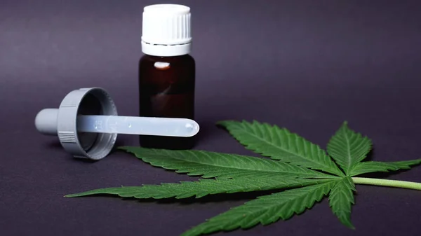 CBD y extracto de aceite de THC de marihuana medicinal y hoja verde, Concepto: el uso médico del cannabis para lograr un efecto terapéutico en el tratamiento del cáncer y la epilepsia — Foto de Stock