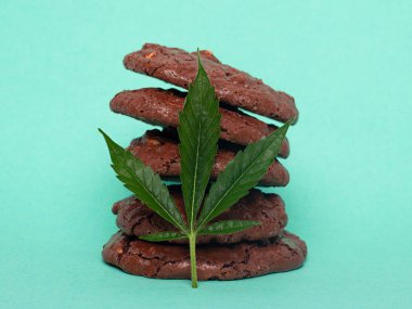 Mavi arka planda yulaf ezmeli kurabiye ve kenevir yeşili yaprak. Marijuana özlü kurabiyeler. Eğlence amaçlı uyuşturucu konsepti..