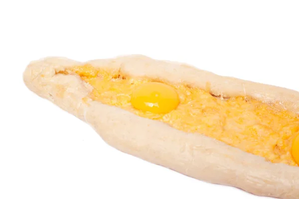 Khachapuri boat with egg and cheese on white background. national Georgian pie Khachapuri isolated — 스톡 사진