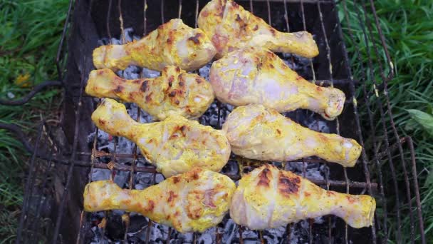Grilované kuřecí stehýnka na dřevěném uhlí. gril na grilu — Stock video