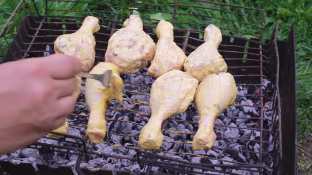Grilled chicken legs on coals, fried marinated meat with a crust — Stock Video
