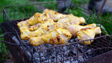 Sulu tavuk budu ızgarada yakın plan çekimde ızgara. Açık hava yemekleri, lezzetli öğle yemekleri.