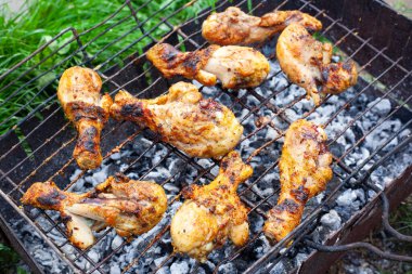 Izgara tavuk bacağı. piknik, sulu kızarmış but açık havada pişmiş yemek, B-B-Q