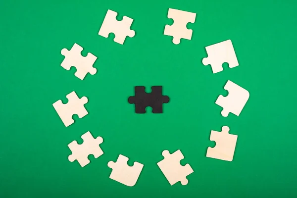 Pezzi del puzzle colori bianco e nero, si trovano su uno sfondo verde. reietto antisociale bianco corvo leadership competenze supervisore — Foto Stock