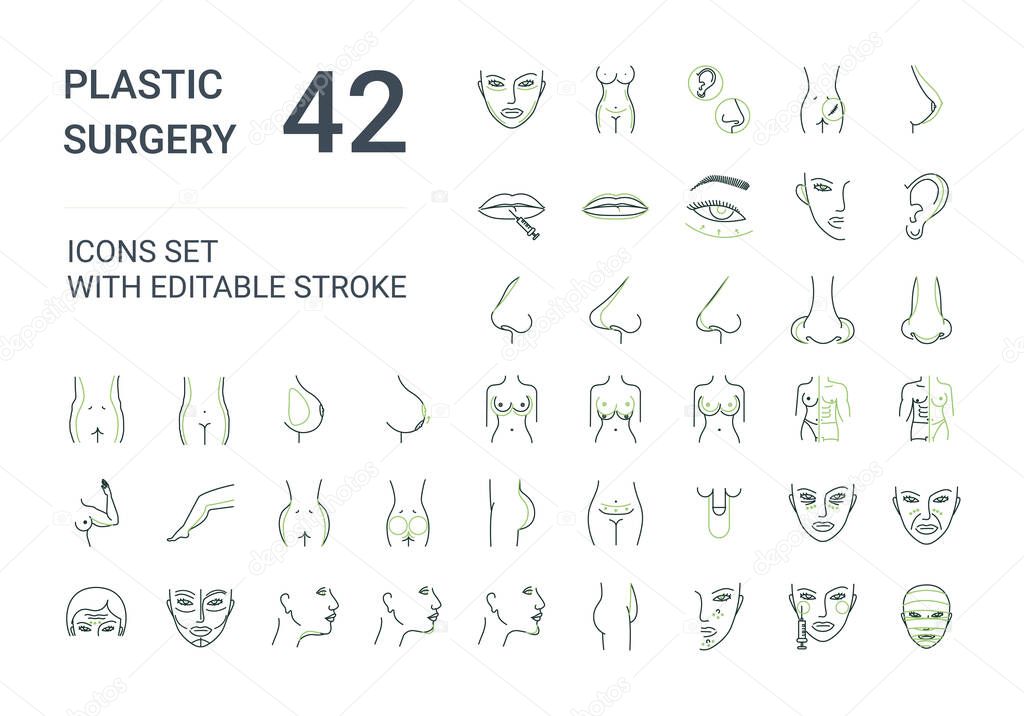 Plastic surgery icons set. Medical icons in modern flat minimalistic line style with editable stroke.