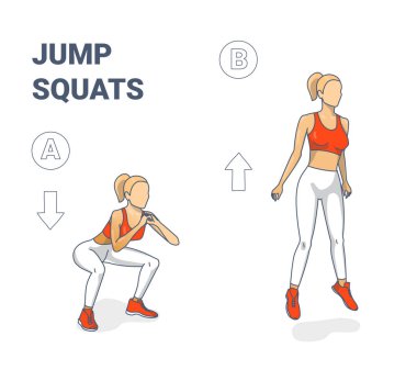Jump Squats silüetleri yapan kız. Çömelme sıçrama illüstrasyon kavramı.