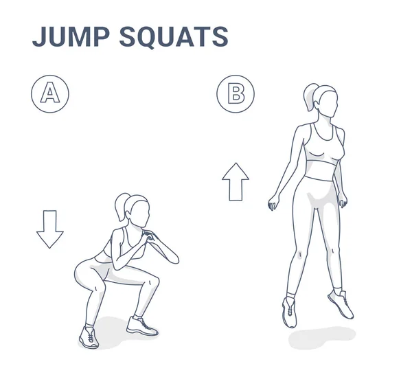 Salto Squat allenamento illustrazione. Outline Concetto di ragazza Squatting salti . — Vettoriale Stock