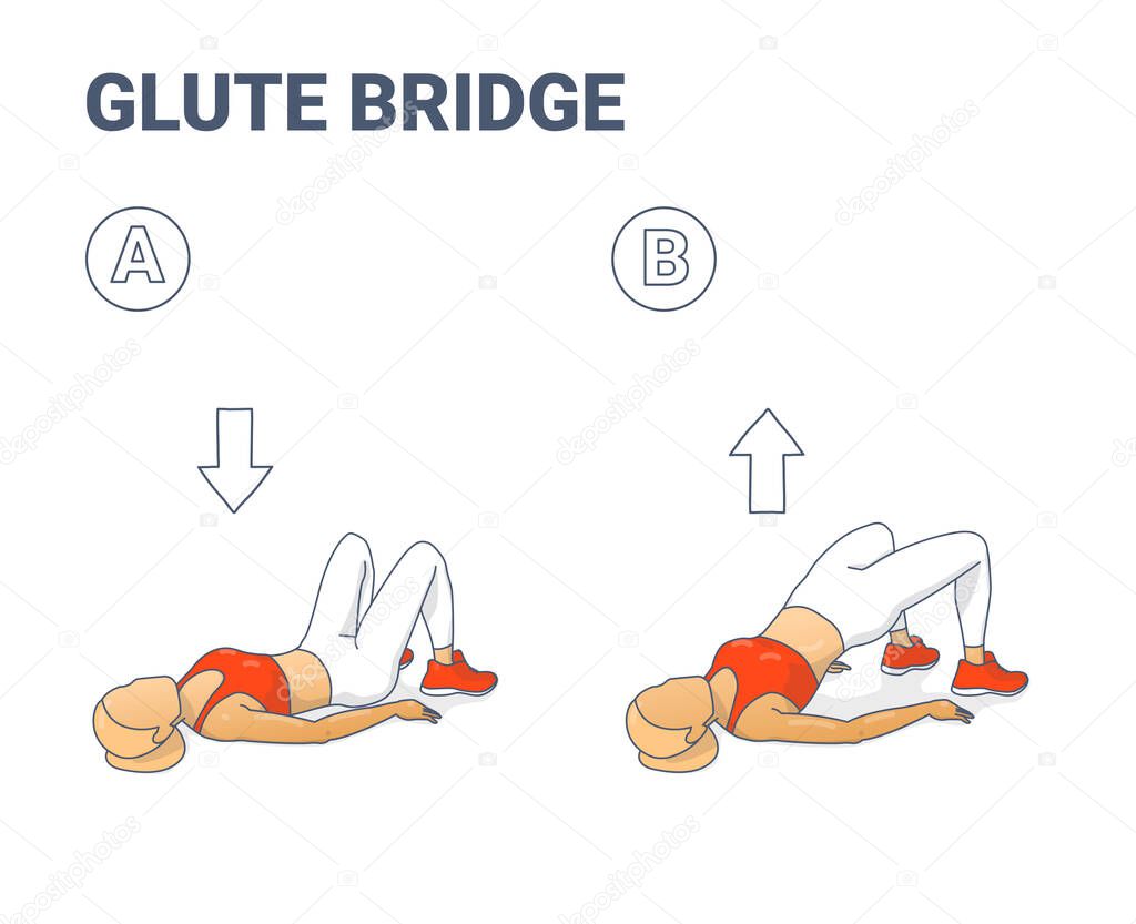Glute Bridge Exercise illustration. Colorful Concept of Girl Bridge Workout - a Young Woman in Sportswear lush lava top and sneakers, and white leggings does the fitness exercise for weight loss.