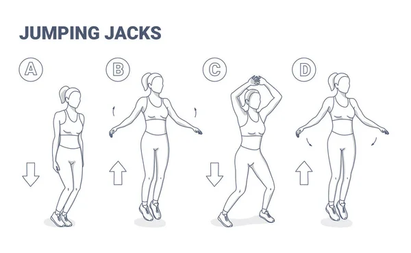 Jumping Jacks Γυμναστική Girl Workout. Star Jumps εικόνα, μια νεαρή γυναίκα στα αθλητικά κάνει το side-straddle hop. — Διανυσματικό Αρχείο