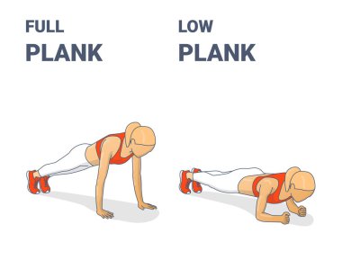 Tam Plank ve Dirsek Plank Kız Egzersizleri Konsepti.
