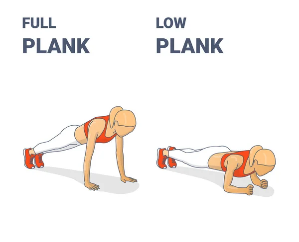 Volledige Plank en Elleboog Plank meisje workout oefeningen Concept. — Stockvector