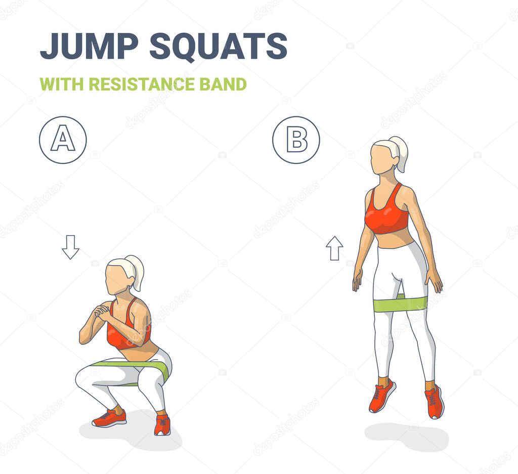 Squat Jumps with Resistance Band Girl Workout Exercise Colorful Concept.