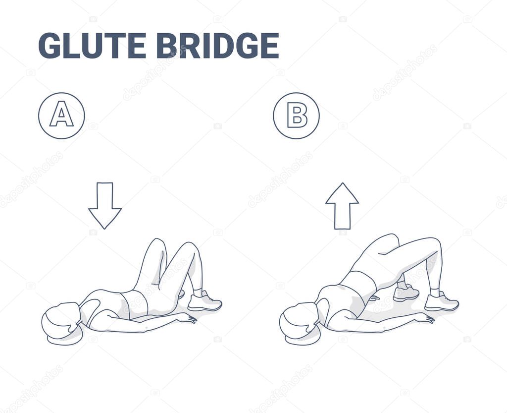 Glute Bridge Girls Home Workout Exercise Black and White Concept illustration.