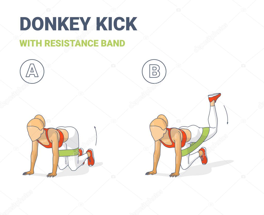 Donkey Kick with Resistance Band Girls Workout Exercise Colorful Concept.