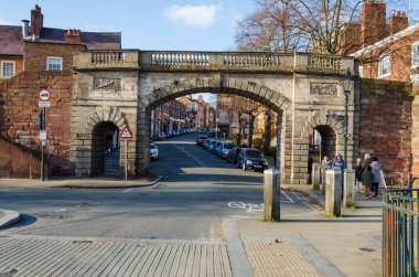 Chester, UK: Mar 1, 2020: TheBridgegate of Chester forms part of the historic Roman city walls.  clipart