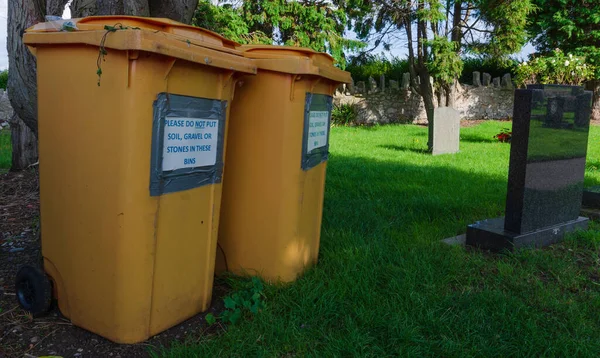 Pair Plastic Wheelie Bins Used Disposal Garden Waste Cemetery Graveyard — Stock Photo, Image