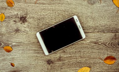 Beyaz modern tablet pc ile sonbahar yaprakları ile rustik klasik ahşap arka plan boş boş ekran.