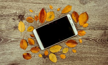 Beyaz modern tablet pc ile sonbahar yaprakları ile rustik klasik ahşap arka plan boş boş ekran.