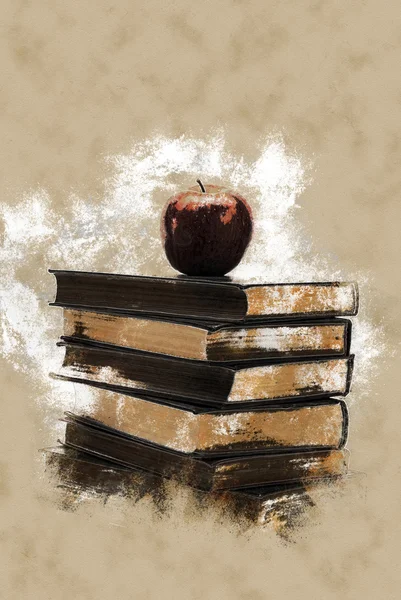 Zásobník starých knih s apple na vrcholu — Stock fotografie