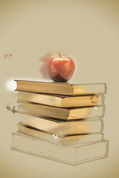 Pila de libros antiguos con una manzana en la parte superior — Foto de Stock