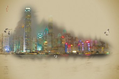 Hong Kong Adası ile gece ışıklı scyscrapes