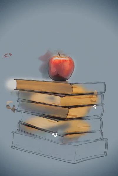 Pila de libros antiguos con una manzana en la parte superior — Foto de Stock