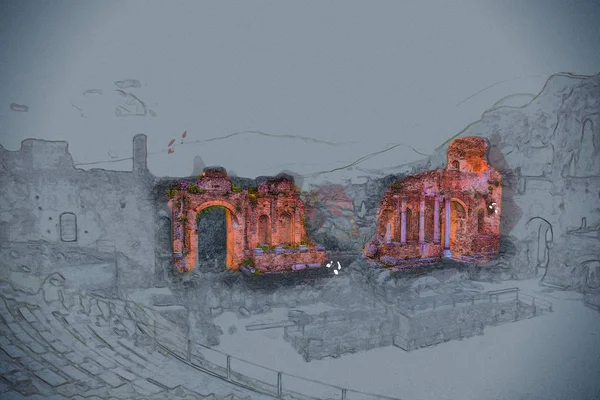 Ruiny teatru Taormina o zachodzie słońca. — Zdjęcie stockowe