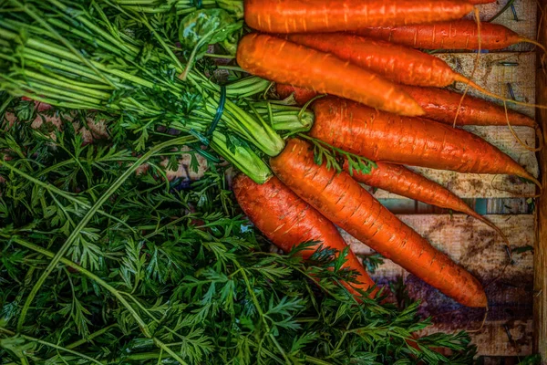 Färska morötter gäng i trälådan — Stockfoto