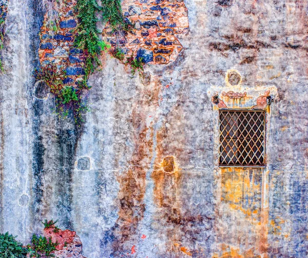 Red vintage old brick wall with windows and green ivy — Stock Photo, Image