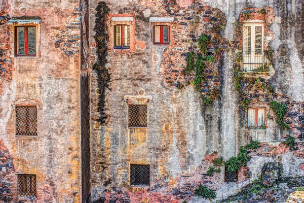 Parede de tijolo velho vintage vermelho com janelas e hera verde — Fotografia de Stock