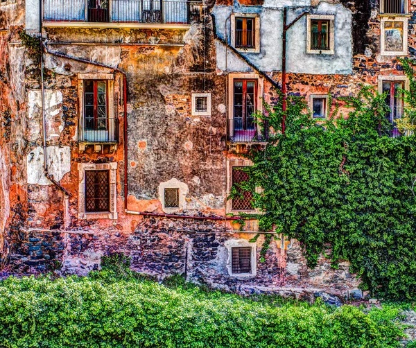 Червона старовинна стара цегляна стіна з вікнами і зеленою плющем — стокове фото