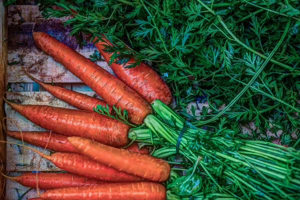 Ramo de zanahorias frescas en la caja de madera —  Fotos de Stock