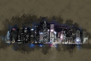 Hong Kong Adası ile gece ışıklı scyscrapes