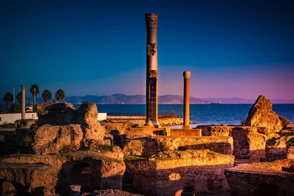 Antiguas ruinas en Cartago, Túnez con el mar Mediterráneo a lo lejos . — Foto de Stock