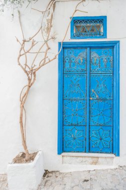 Geleneksel eski boyalı kapı bir tarihi bölge veya Medine, Tunisia.