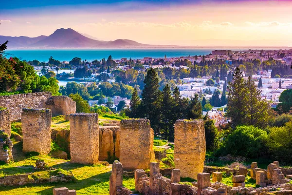 Vista desde la colina Byrsa con restos antiguos de Cartago y paisaje . — Foto de Stock
