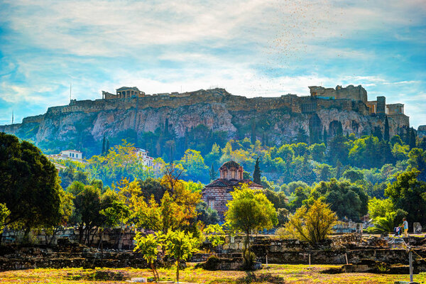 View on Acropolis from ancient agora, Athens, Greece.