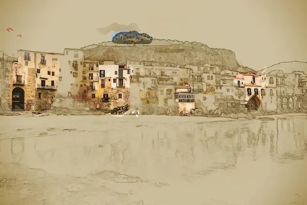 Vista del habour y casas antiguas en Cefalu por la noche, Sicilia — Foto de Stock