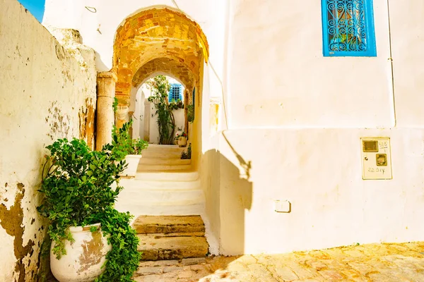Sidi Bou Said, famoso pueblo con arquitectura tradicional tunecina . — Foto de Stock