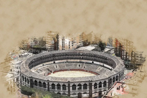 Dagweergave van Malaga met poort en Placa de Torros — Stockfoto