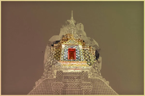 Pięknie zdobione pagody świątyni Wat Pho w nocy. — Zdjęcie stockowe
