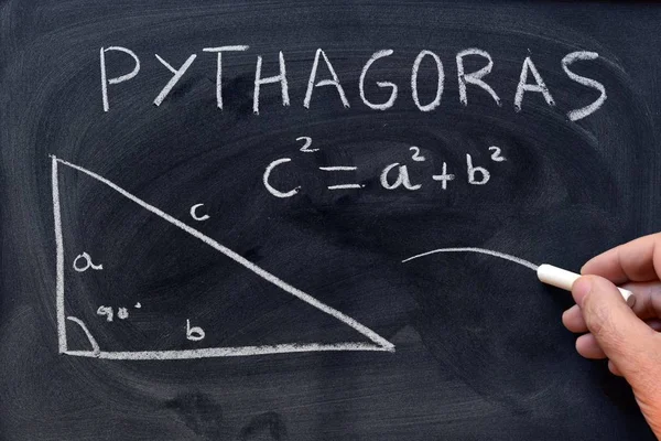 Hand writing Pythagorean theorem with a chalk on the blackboard